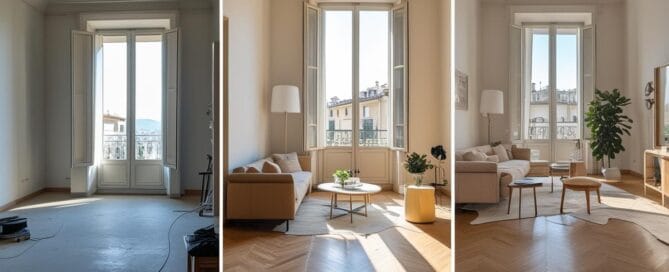 Confronto prima e dopo di un intervento di home staging a Milano: a sinistra un salotto datato e disordinato, a destra lo stesso ambiente luminoso e moderno, pronto per la vendita.