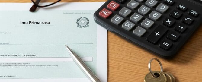Calcolo IMU prima casa con documenti fiscali e calcolatrice.