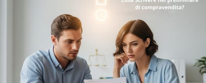 Una Coppia con una bozza di contratto in mano , si chiede cosa inserire nel Preliminare di Compravendita