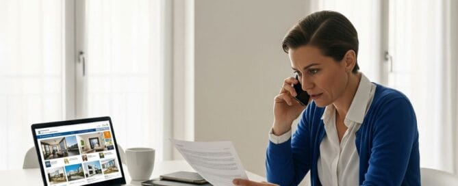 Proprietario di casa stressato mentre gestisce i documenti per una vendita immobiliare tra privati.