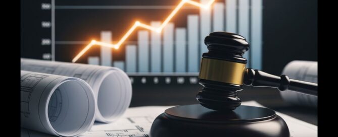 Martelletto da asta su progetti architettonici, a simboleggiare un investimento profittevole in aste immobiliari Milano, con grafico in crescita sullo sfondo.
