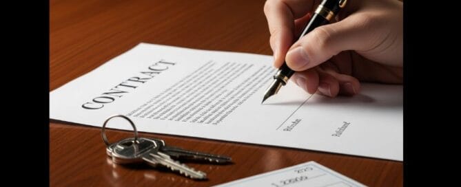 Firma di una proposta d'acquisto immobiliare con il versamento della caparra confirmatoria, simboleggiata da un assegno e dalle chiavi di casa.
