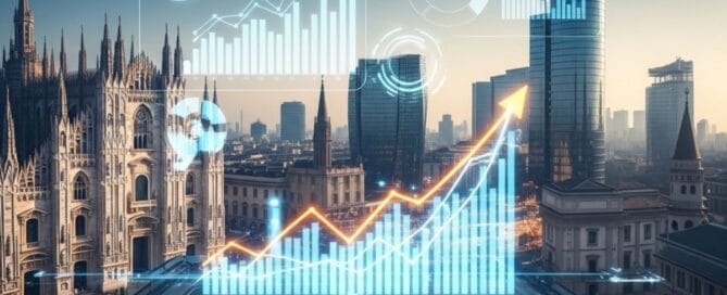 Analisi del mercato immobiliare Milano con grafici e dati sui trend sovrapposti allo skyline della città con Duomo e grattacieli.