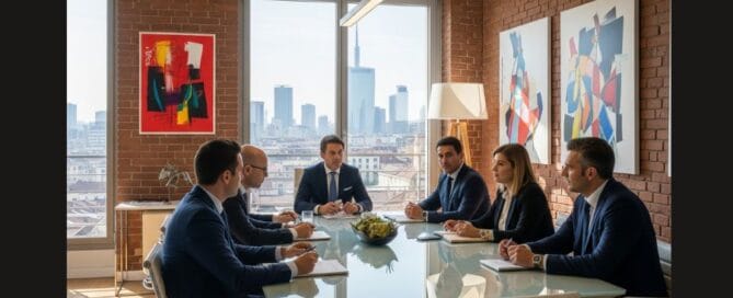 Team della migliore agenzia immobiliare Milano durante una consulenza professionale nel loro ufficio con vista sullo skyline.