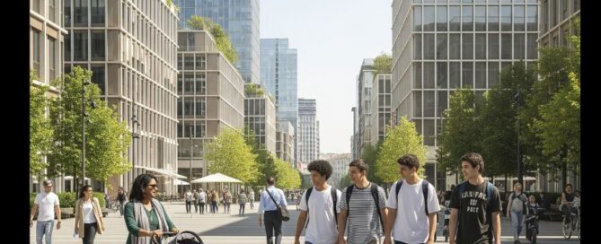 Scena di vita quotidiana in uno dei quartieri migliori di Milano, con architettura moderna e persone che passeggiano in una giornata di sole.