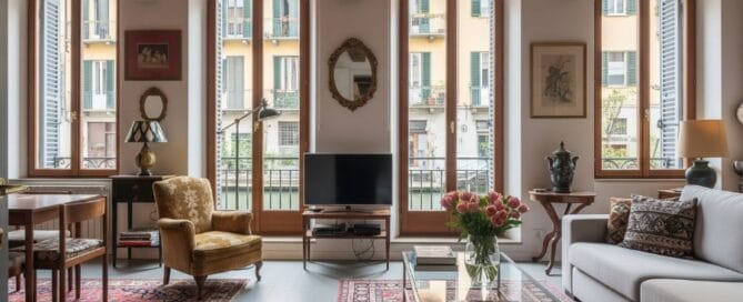 Interno di un appartamento di charme sui Navigli, con travi a vista, esempio del valore immobiliare per chi vuole vendere casa sui Navigli.