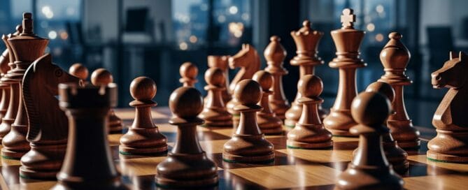 Una scacchiera che simboleggia la strategia necessaria per una negoziazione immobiliare di successo, con una mossa di scacco matto in primo piano.