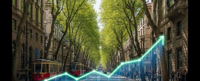 Viale alberato nel quartiere Città Studi a Milano, immagine strategica con grafico di crescita per chi vuole vendere casa a Città Studi.