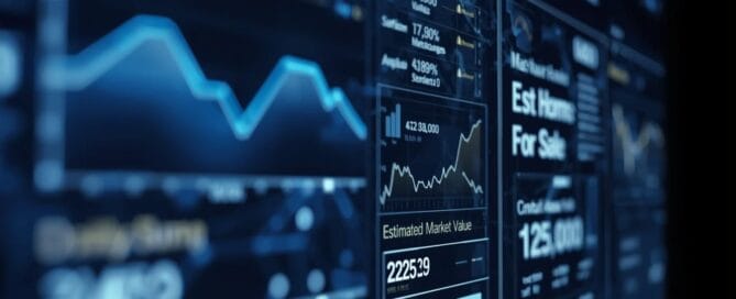 rappresentazione a schermo di una valutazione immobiliare online che mostra numeri, istogrammi, statistiche e valori comparabili di mercato.