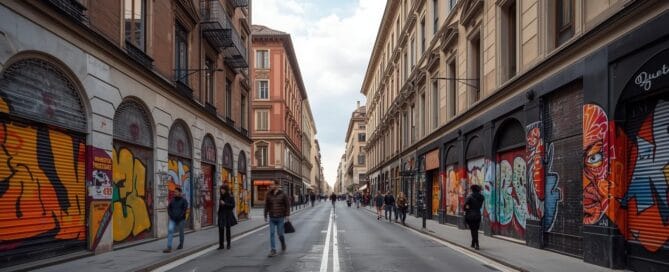 Foto rappresentativa di Lambrate, con fabbricati in stile e persone che passeggiano.