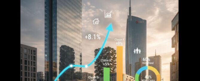 Grafico sull'andamento dei Prezzi case Milano nel 2025 sovrapposto allo skyline di Porta Nuova, che mostra la crescita del mercato immobiliare.