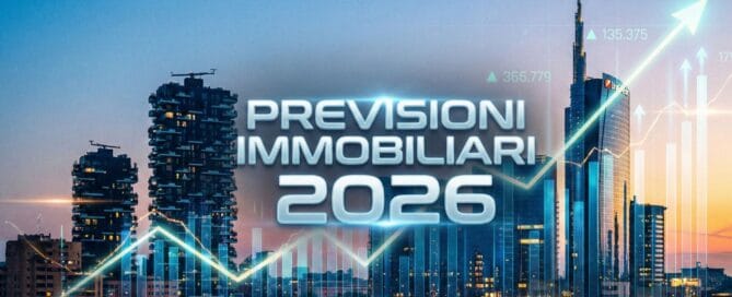 Grafico finanziario in ascesa sovrapposto allo skyline di Milano, rappresentativo delle previsioni immobiliari 2026 che stimano una crescita del mercato in Italia e un aumento dei prezzi a Milano.